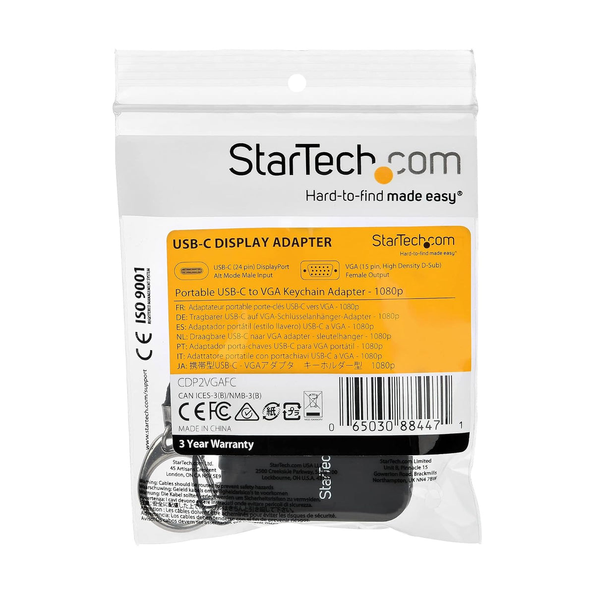StarTech.com Compact USB C to VGA Adapter - 1080p USB Type-C to VGA Video Display Converter with Keychain Ring - Active USB-C DP Alt Mode to VGA Monitor Dongle - Thunderbolt 3 Compatible (CDP2VGAFC)