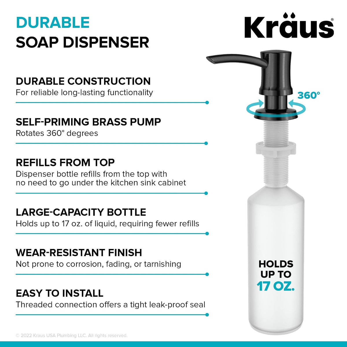 Kraus Dispensador de jabón y loción de Cocina en Acero Inoxidable Negro sin Manchas, KSD-54SFSB