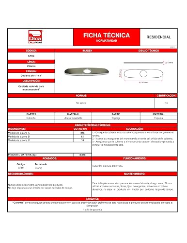 DICA, Cubierta Redonda para Monomando de 8”, Acabado Cromo, Acero Inoxidable, 1 Año de Garantia Contra Cualquier Defecto de Fabricacón, CFR8