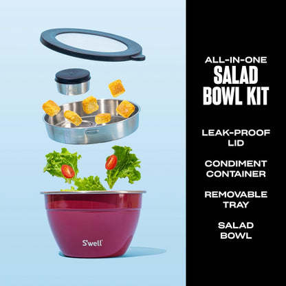S'well - Juego de ensaladas de acero inoxidable de 64 onzas, cereza silvestre, viene con mini recipiente de 2 onzas y bandeja extraíble para organización, a prueba de fugas, fácil de limpiar, apto