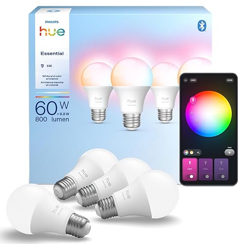 Philips Hue Kit de 4 Focos inteligentes con luz multicolor | Ambiente blanco y de color, E26, 7.2W, 2200K-6500K, 800 lúmenes, regulable, funciona con Alexa, Google Assistant, Apple Home
