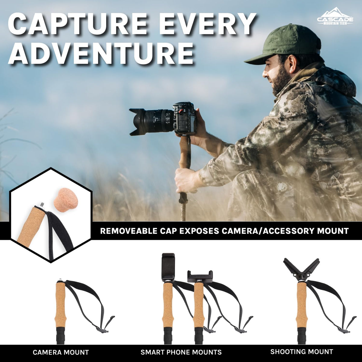 Cascade Mountain Tech - Bastones de Trekking - Monopod de Fibra de Carbono para Caminar o Senderismo con Accesorios y Cierres rápidos Ajustables