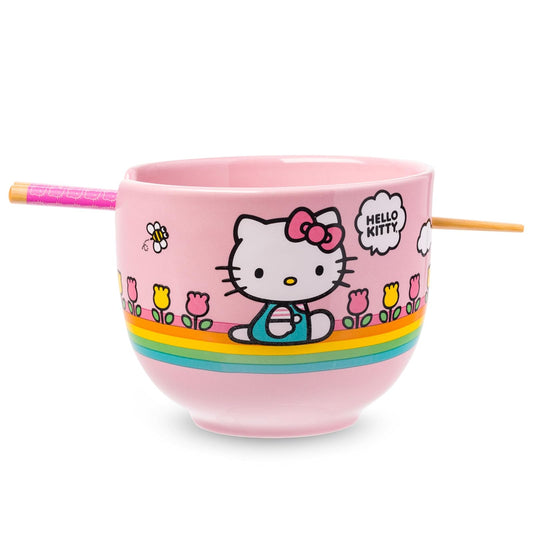 Silver Buffalo Hello Kitty Tazón de Arroz con Palillos | Rayas Arco Iris, Diseño de Flores, 20 oz