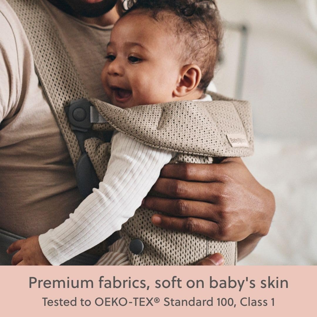 BabyBjörn Canguro Portabebé Mini, Gray Beige, 3D Mesh Newborn Carrier (7-15 lbs), Ergonomic, Easy-to-Use