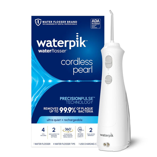 Waterpik Inalámbrico de agua portátil recargable con perlas para dientes, encías, aparatos ortopédicos y viajes con 4 puntas de hilo dental, aceptado ADA, WF-13 blanco