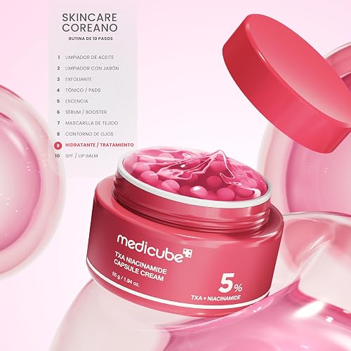 MEDICUBE TXA Niacinamide Capsule Cream, Crema Facial Coreana con Niacinamida 5%, Ácido Tranexámico, Alfa-Arbutina y Glutatión, Luminosidad y Tono Uniforme, 55 g