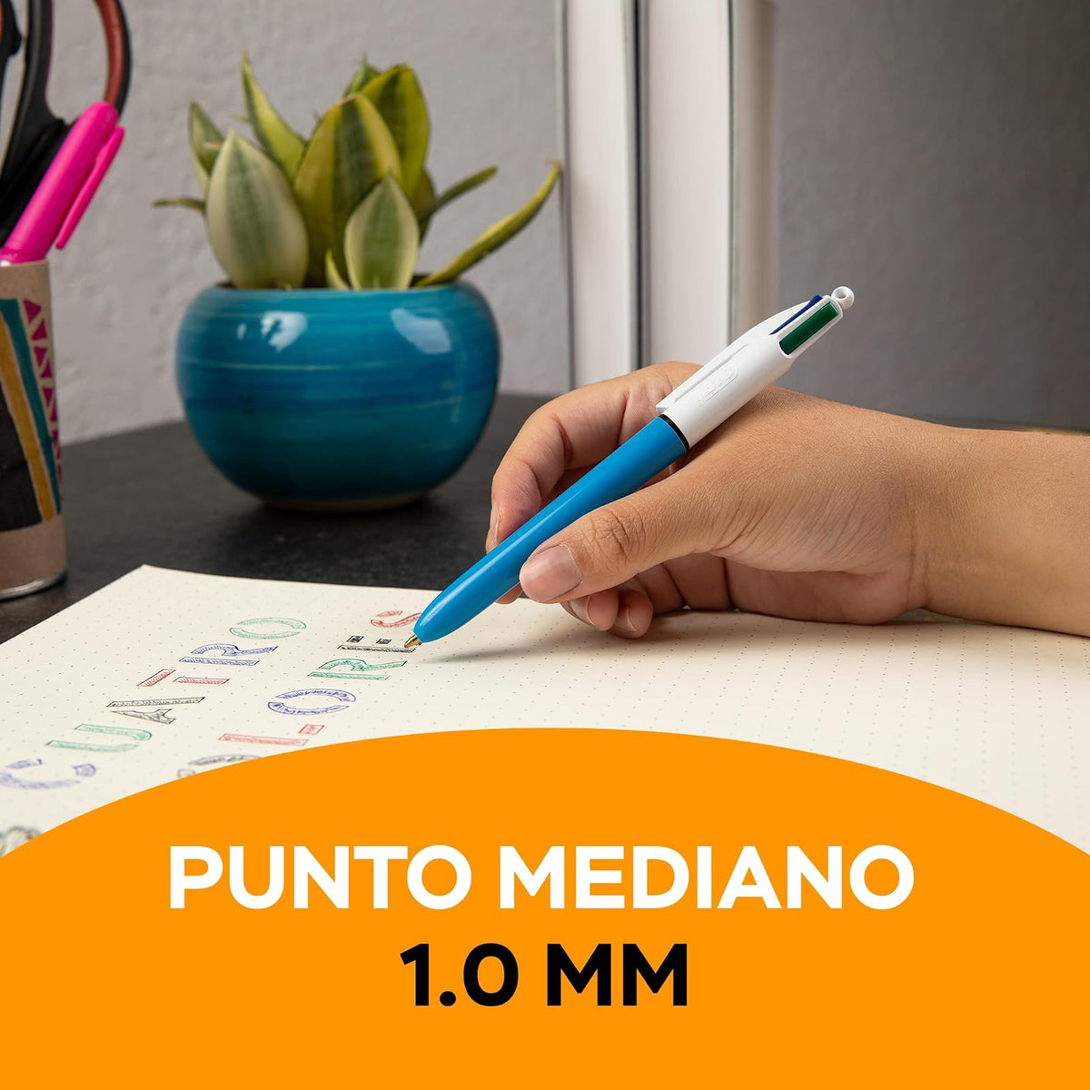 BIC, Bolígrafo de Punto Mediano, Pluma Clásica con Clip, 4 Color, Tinta Color Negro, Azul, Verde y Rojo, 6 piezas