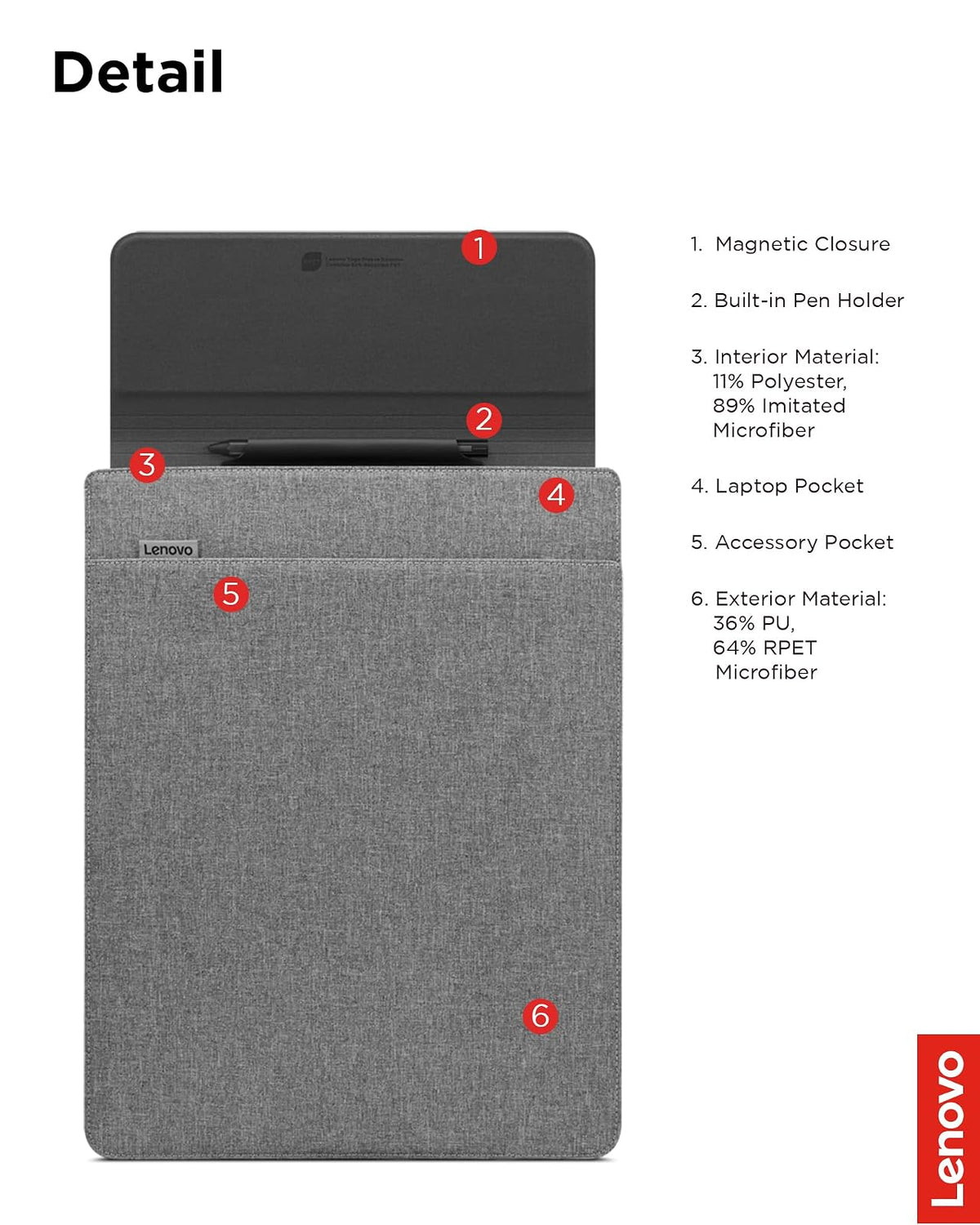 Lenovo - Funda Delgada para portátil de 16 Pulgadas, Compatible con MacBook Air/Pro, Funda Ligera ecológica con Bolsillo para Accesorios y Cierre magnético, Color Gris