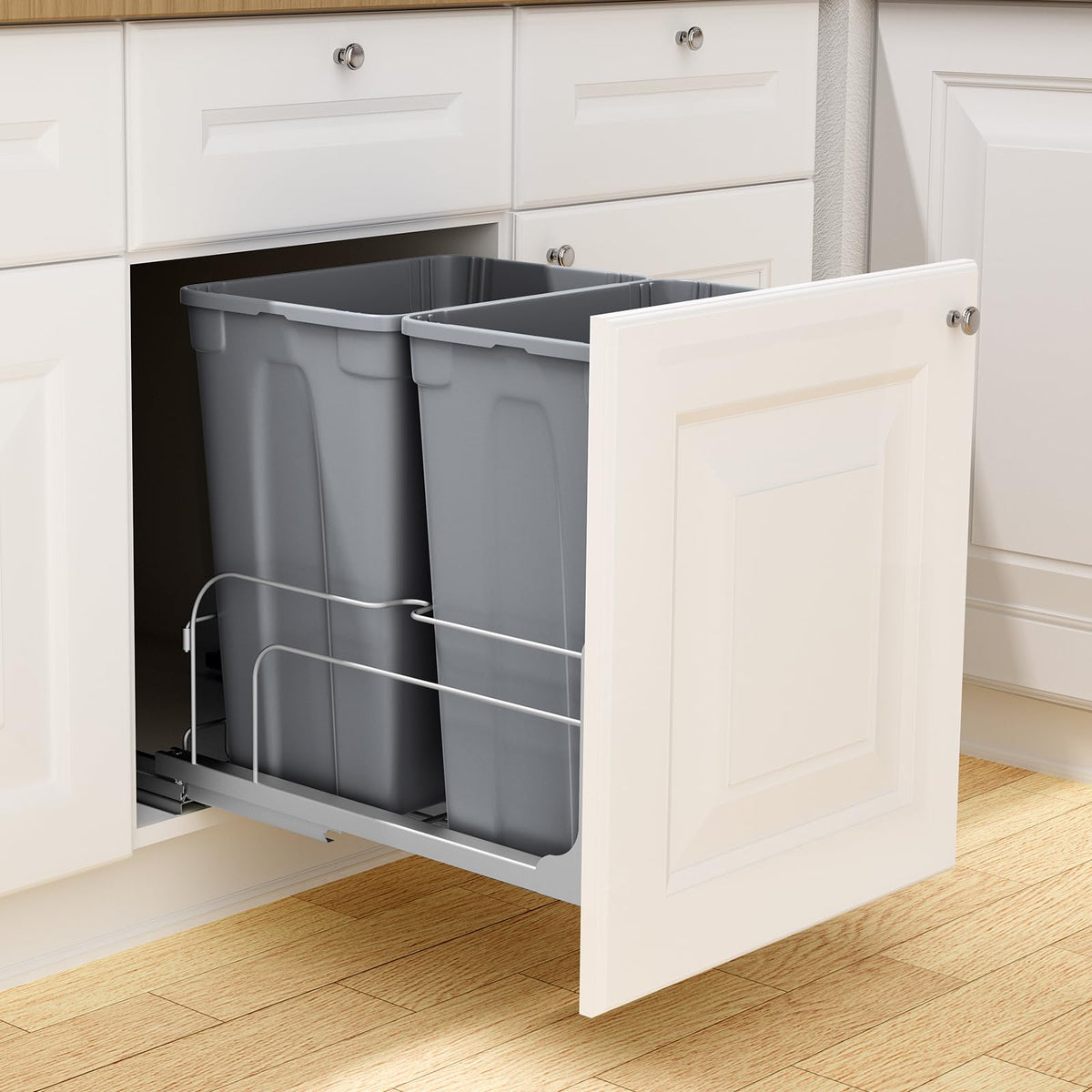 VEVOR Cubo de Basura Extraíble de 2 x 32,8 L, Doble, para Cocina, con Montaje Bajo Encimera, Carga 30 kg, con Puerta Corredera y Cierre Suave, para Armario de Cocina, Fregadero y Encimera, Gris