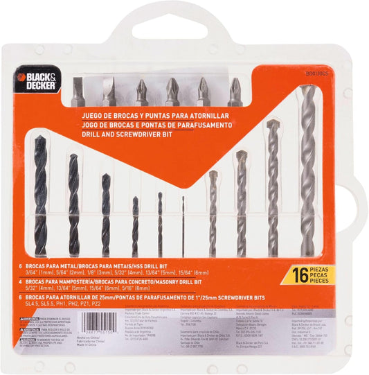 BLACK+DECKER Juego de Brocas y Puntas, 16 Piezas, BD0130CS