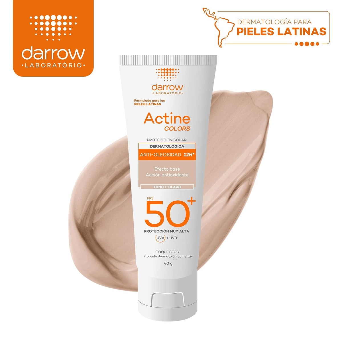 Darrow Actine Colors Protector Solar Facial FPS50+ Piel Grasa Claro, 40g | Dermatológico, Con Color, Para Piel Mixta y Grasa, Anti Oleosidad