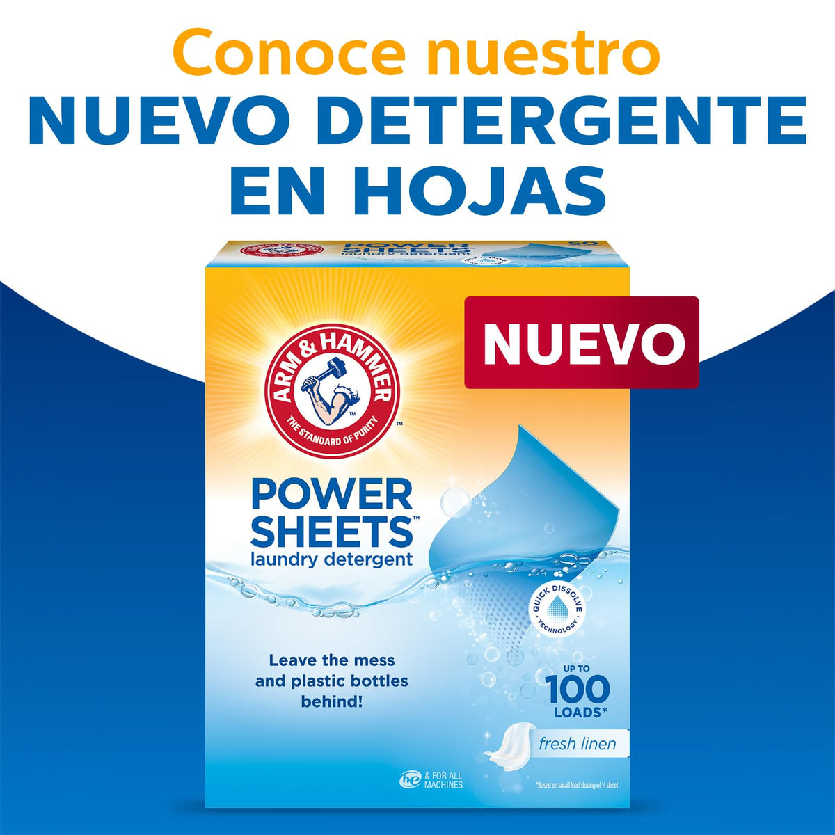 Arm & Hammer Power Sheets Caja con 50 Piezas. Detergente para Ropa en Láminas. Limpieza Profunda, Rápida Disolución y Fresco Aroma. Sin Cloro, Empaque Reciclable. Funciona en Todo Tipo de Lavadoras