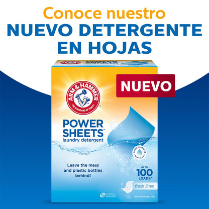 Arm & Hammer Power Sheets Caja con 50 Piezas. Detergente para Ropa en Láminas. Limpieza Profunda, Rápida Disolución y Fresco Aroma. Sin Cloro, Empaque Reciclable. Funciona en Todo Tipo de Lavadoras