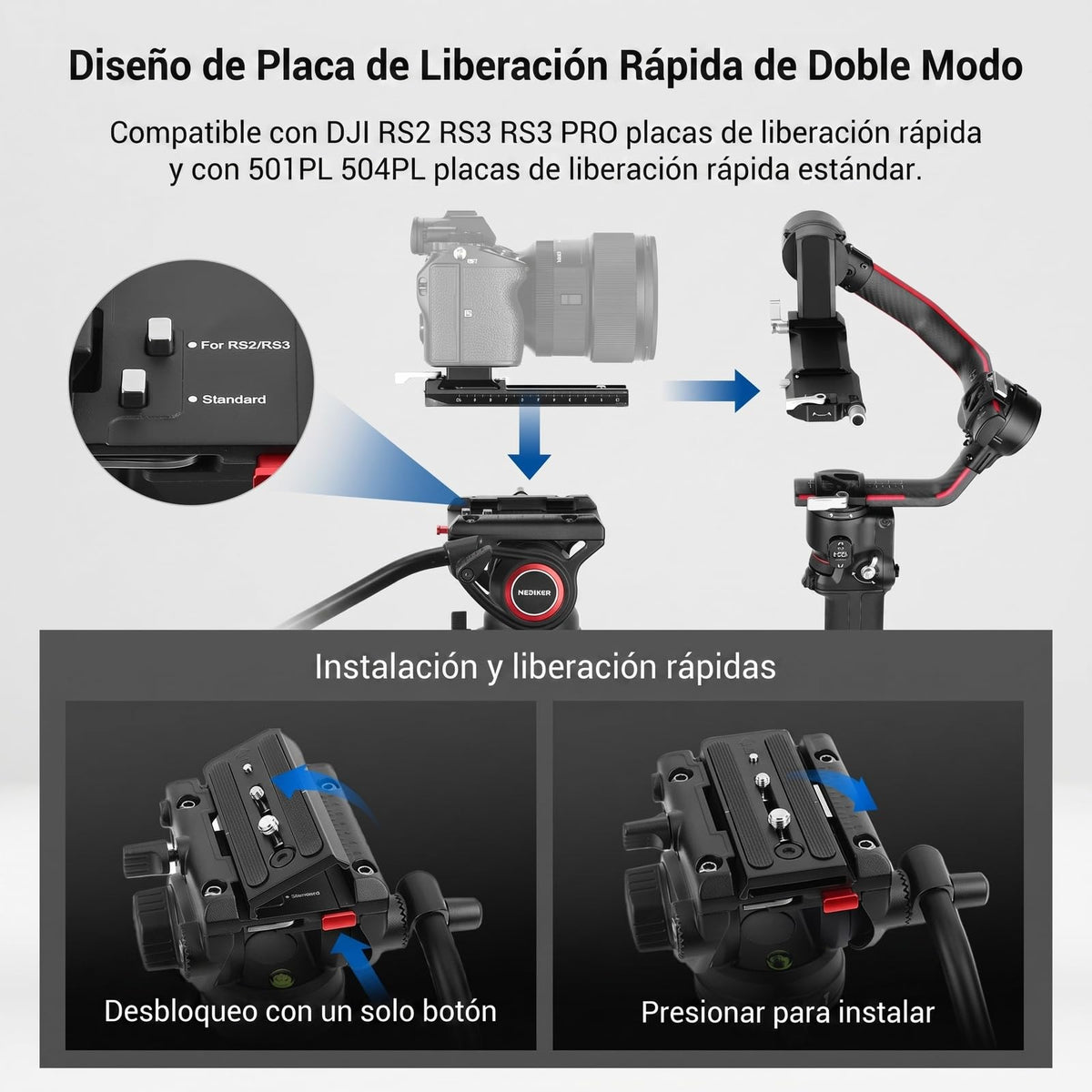 NEEWER Trípode de Vídeo Profesional de 74 "con Cabeza Fluida, Placa QR Compatible con dji RS Gimbals, Trípode de Cámara Resistente con Mango Telescópico Base Rscalada, Carga Máxima 8kg, TP74