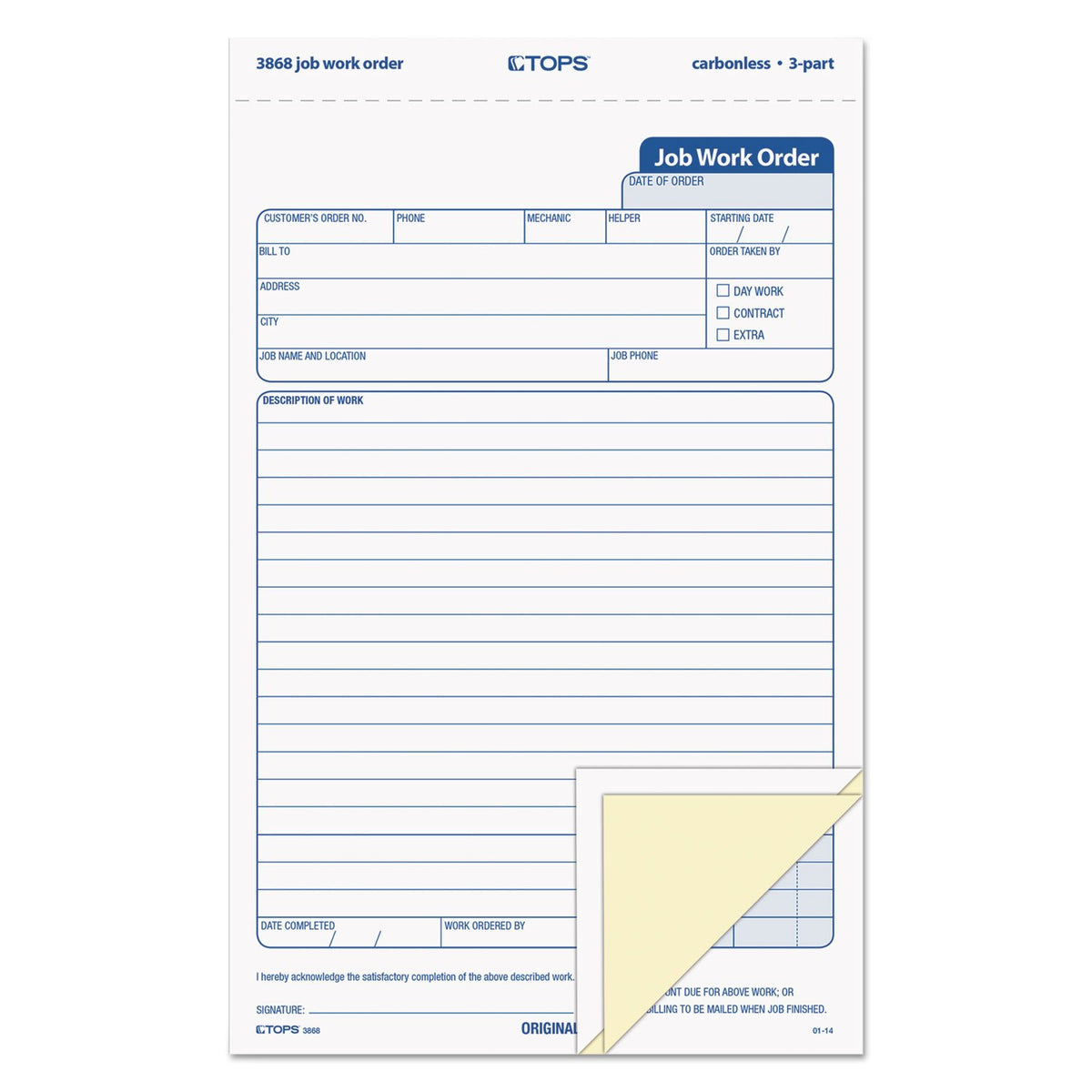 TOPS 3868 - Formulario de orden de trabajo de ajuste, 5 2/3 pulgadas x 8 5/8 pulgadas, 3 partes sin carbono (paquete de 50 formas)