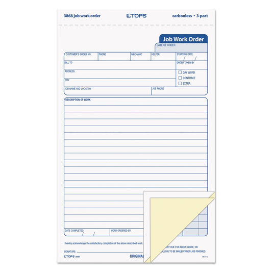 TOPS 3868 - Formulario de orden de trabajo de ajuste, 5 2/3 pulgadas x 8 5/8 pulgadas, 3 partes sin carbono (paquete de 50 formas)