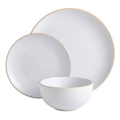 Gibson Home Rockaway Juego de vajilla redonda de gres de 12 piezas, servicio para 4 platos y cuencos blancos, acabado mate moderno, apto para microondas y lavaplatos