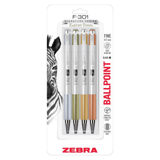 Zebra Pen F-301 Signature Series - Bolígrafo retráctil de 0,7 mm, tinta negra, barril de acero inoxidable duradero con detalles de tonos terrosos, detalles de barril surtidos, paquete de 4 (27304)