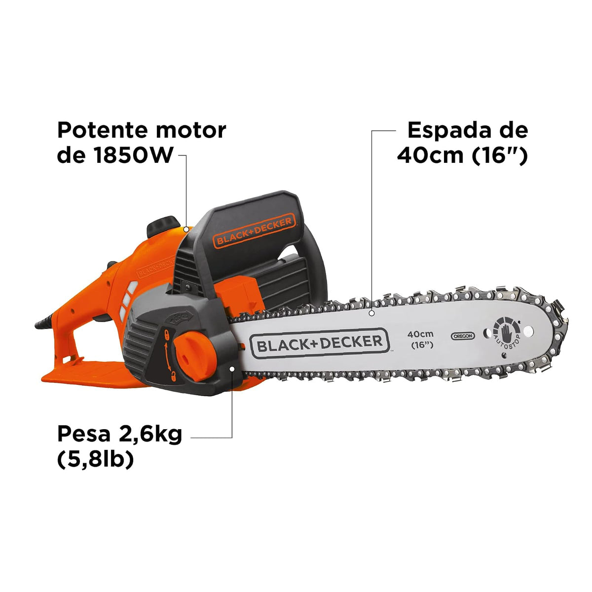 BLACK+DECKER Motosierra Eléctrica 16", 1850W, 5500 RPM, GK1740