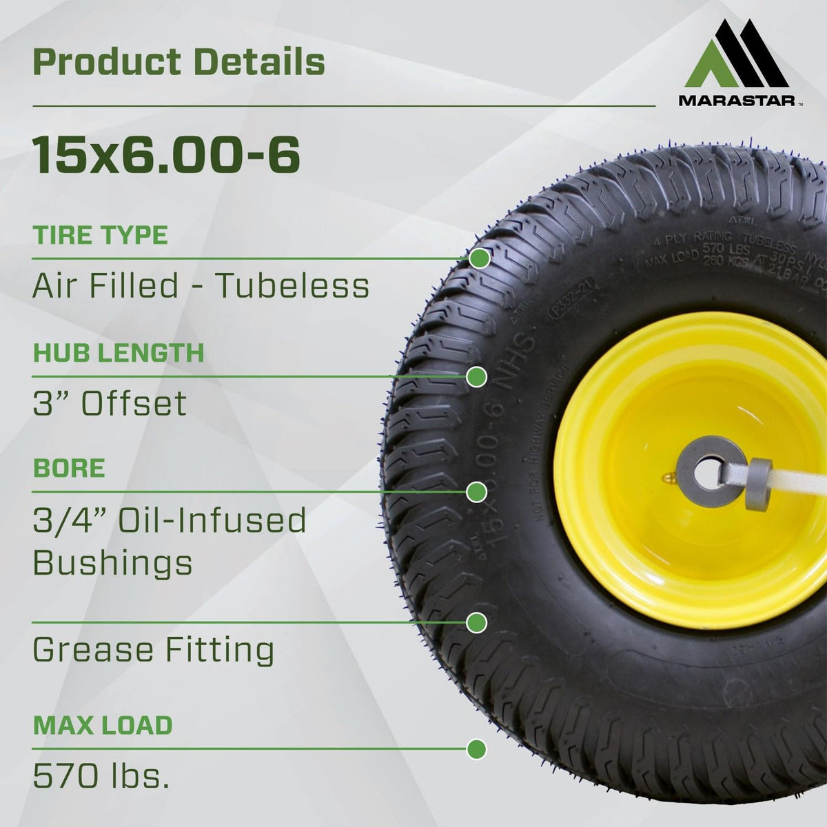 MARASTAR 21426 - Montaje de neumático y rueda de 15 x 6.00-6, repuesto para cortacésped de césped delantero compatible con cortacéspedes John Deere serie 100 y 300