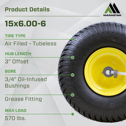 MARASTAR 21426 - Montaje de neumático y rueda de 15 x 6.00-6, repuesto para cortacésped de césped delantero compatible con cortacéspedes John Deere serie 100 y 300