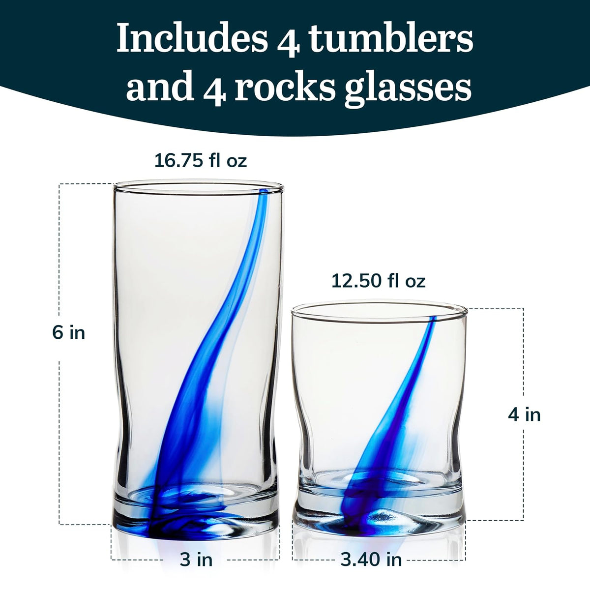 Libbey - Juego de 8 vasos y rocas de cinta azul, juego de vasos artesanales, de cuatro hoyuelos, vasos de vidrio transparentes para uso diario