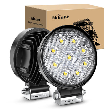 Nilight Juego de 4 Barras de Luz LED Redonda 12 cm 27 W 3000 lm Foco Amplio Multiuso, 15016F-C - 2PCS 27W Flood Lights
