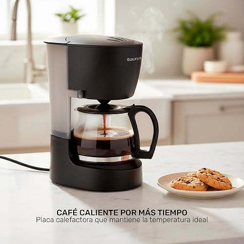 TAURUS COFFEE MAX 6, Cafetera de Goteo con Filtro Permanente, 600 ml, Cafetera 6 Tazas, Anti-goteo, 650 W, Jarra de vidrio, Placa calefactora, Interruptor luminoso