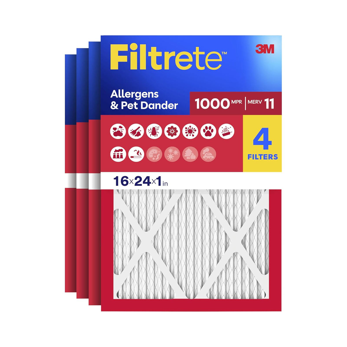 Filtrete Filtro de aire MPR 1000 MERV 11, defensa contra micro alérgenos, paquete de 4 (dimensiones exactas 23.813 x 15.813 x 0.656) - 16x24x1 - Paquete de 4