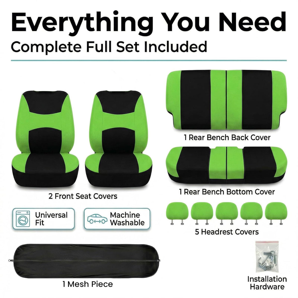 FH GROUP FB030GREEN115-SEAT Bucket Seat Cover and Bench Cover (Full Set Airbag Compatible with Split Bench Green)