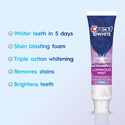 Crest 3D White Toothpaste, Advanced Luminous Mint, Teeth Whitening Toothpaste, 3.7 Oz (Pack of 4)