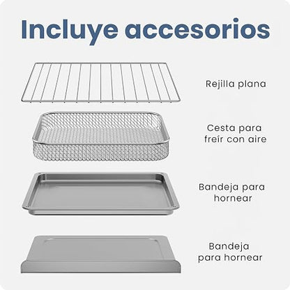 Horno tostador con freidora de aire Chefman de dos puertas, 10 en 1: freidora de aire, horno, asador, cocción lenta, 24 litros, capacidad para pizza de 30 cm o pollo de 1.8 kg. Acero inoxidable.