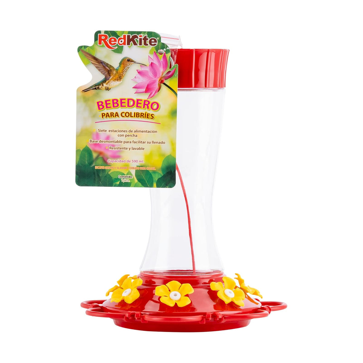 Redkite Bebedero para Colibrí 7 Estaciones 590 ml con Gancho y Alambre Forjado Fácil de Llenar y Limpiar