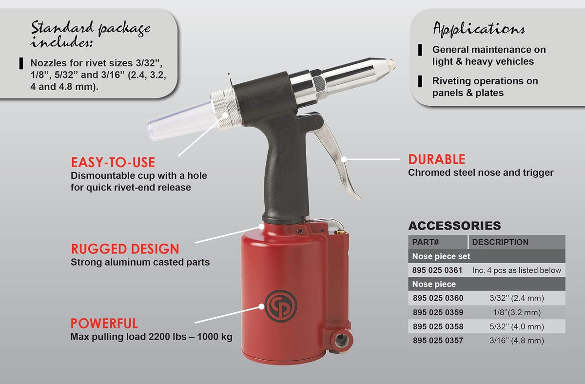 Chicago Pneumatic CP9882 - Remachadora de aire, herramientas mecánicas, construcción, mejoras del hogar, herramienta de pistola de aire, remaches ciegos, tamaño máximo del remache 3/16 pulgadas / 4.8 mm, fuerza de tracción 2200 libras / 1000 kg
