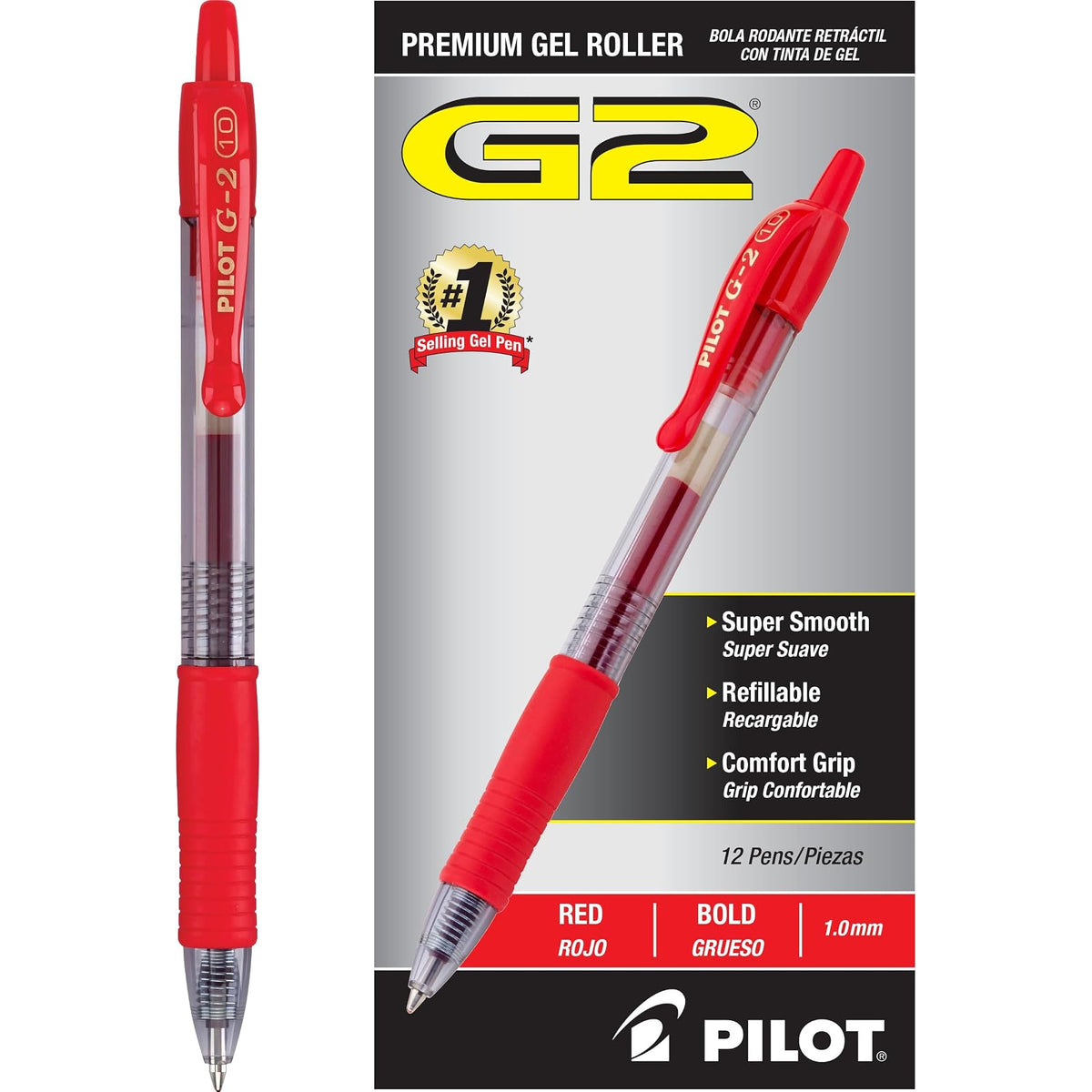 Pilot G2 Bolígrafos Retráctiles de Tinta de Gel Premium - Rojo - punta gruesa