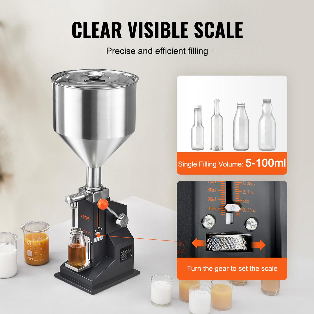 VEVOR Máquina de llenado de líquidos de pasta manual, máquina de llenado de botellas ajustable de 5 a 100 ml, relleno líquido de acero inoxidable con tolva de 11,5 L para leche y agua, jugo de aceite