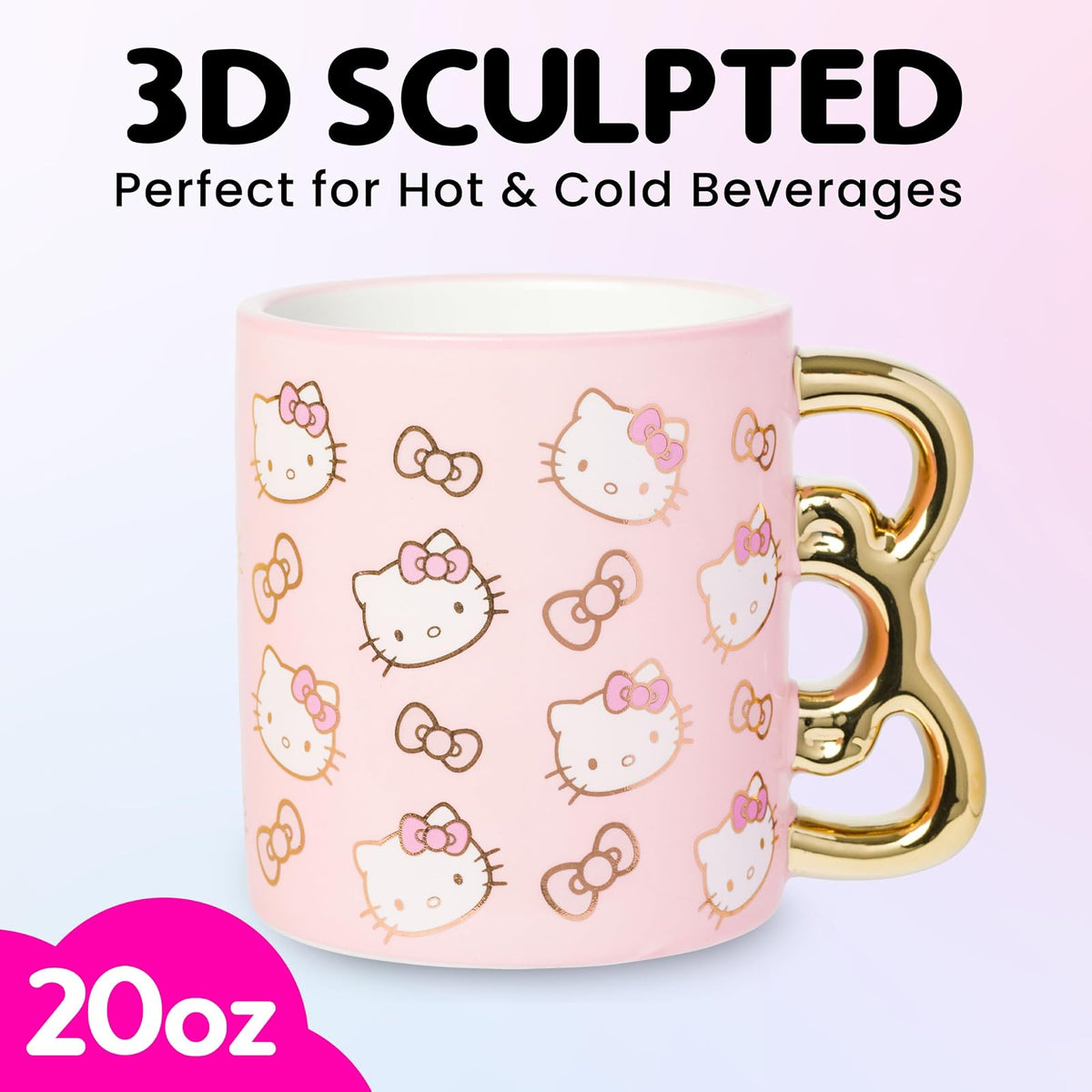 Silver Buffalo Hello Kitty - Taza de cerámica con diseño de caras y lazos dorados y rosados, 20 onzas
