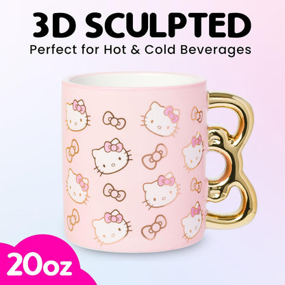 Silver Buffalo Hello Kitty - Taza de cerámica con diseño de caras y lazos dorados y rosados, 20 onzas