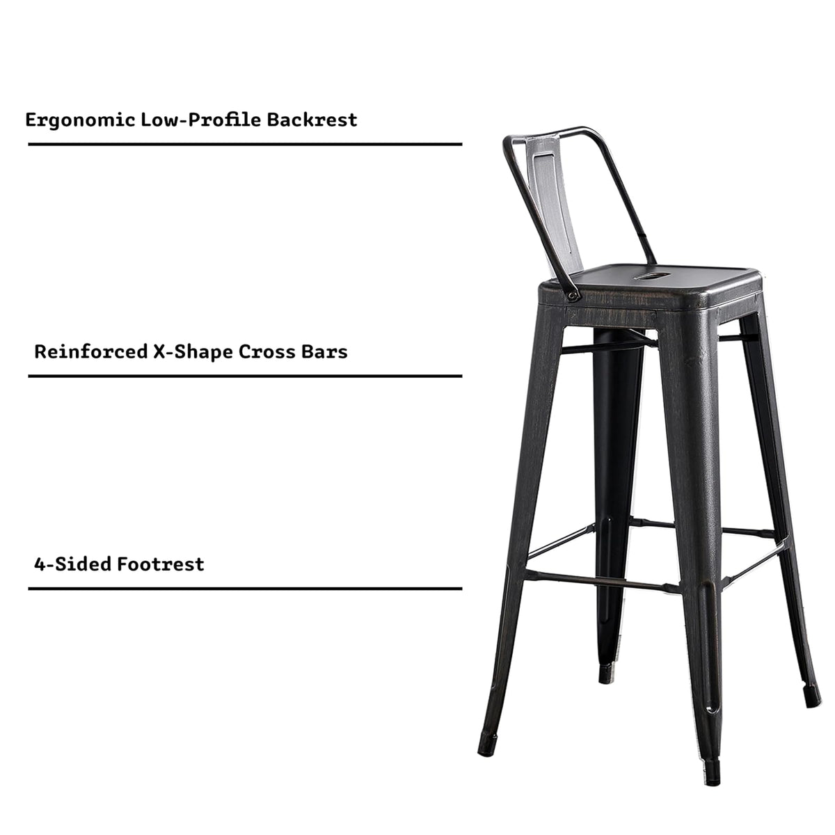 AC Pacific - Taburetes de Bar industriales Modernos de Metal con Elegante Respaldo bajo, Acabado Mate y Tapas de Goma para Patas de Cocina, Juego de 2, Asiento contemporáneo de encimera de 30
