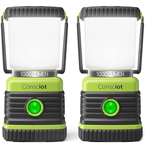 Consciot Linterna LED Camping 1000 Lm IPX4 | Paquete de 2, 4 modos de luz, pilas D-cell, impermeable