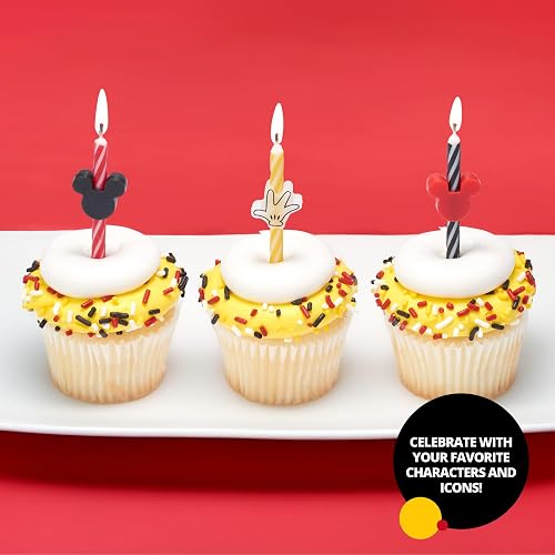 Disney Mickey Mouse - Velas de cumpleaños para tartas, 6 velas de cumpleaños para decoración de pasteles, velas de rayas rojas, amarillas y negras para fiestas de Mickey Mouse