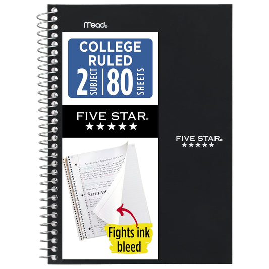 Five Star - Cuaderno en espiral, 2 temas, papel a rayas universitarias, 6 x 9-1/2 pulgadas, 80 hojas, lucha contra el sangrado de tinta, cubierta resistente al agua, negro (840029AA2-ECM)