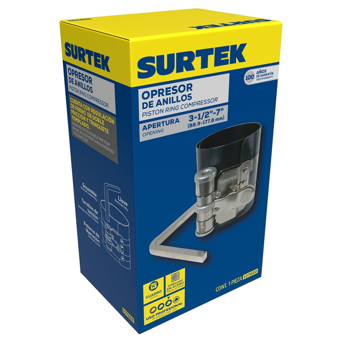 Surtek 107222 Opresor de anillos para motor de gasolina 3-1/2" a 7"
