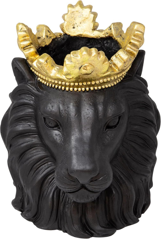 Sagebrook Home Maceta de Resina con Cabeza de león y Corona Dorada Maceta Decorativa de poliresina para el hogar y el jardín 9 x 7 x 9 Pulgadas Negra