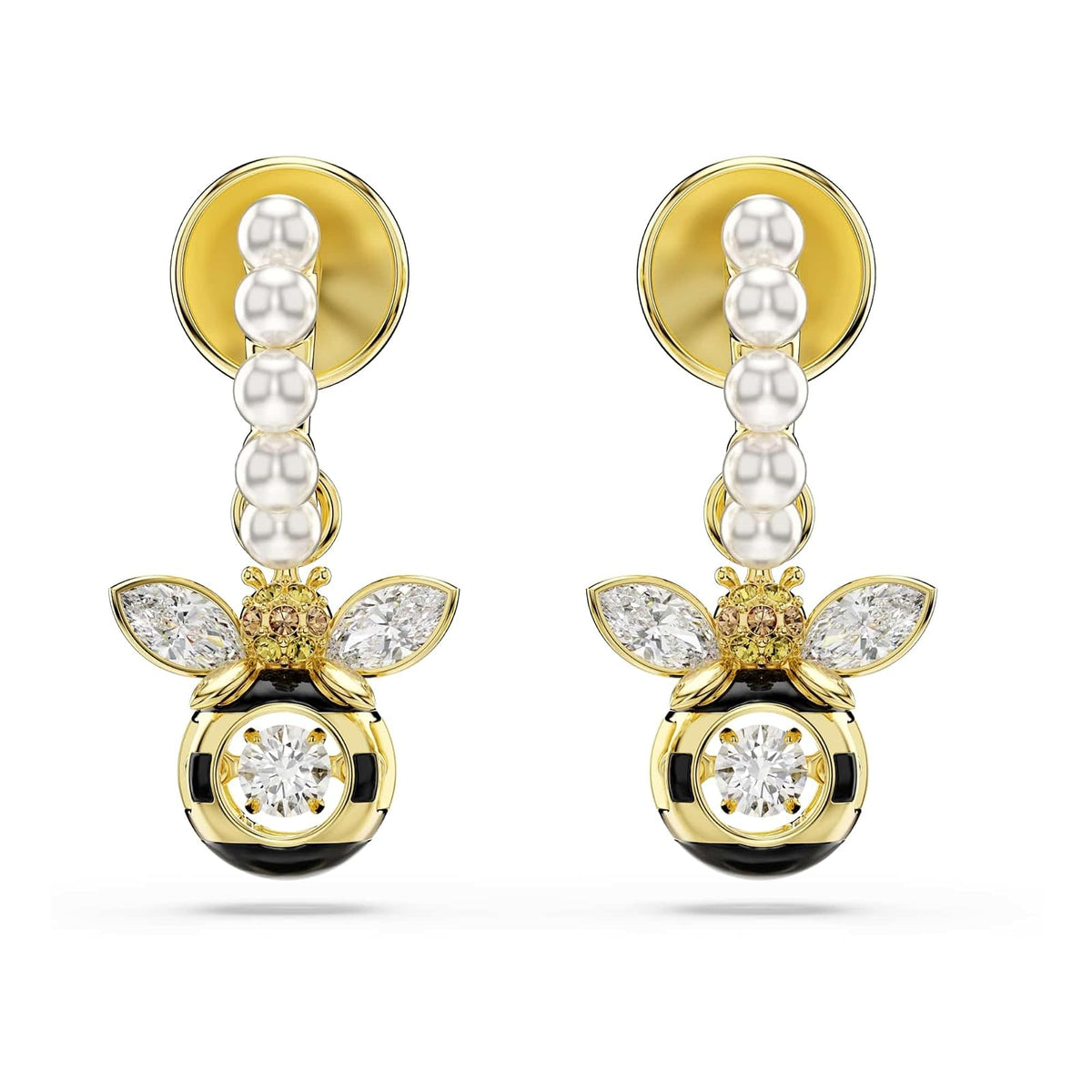 arete Swarovski Idyllia, perlas de vidrio, cortes mixtos, abeja, multicolor, baño dorado