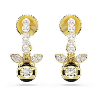 arete Swarovski Idyllia, perlas de vidrio, cortes mixtos, abeja, multicolor, baño dorado