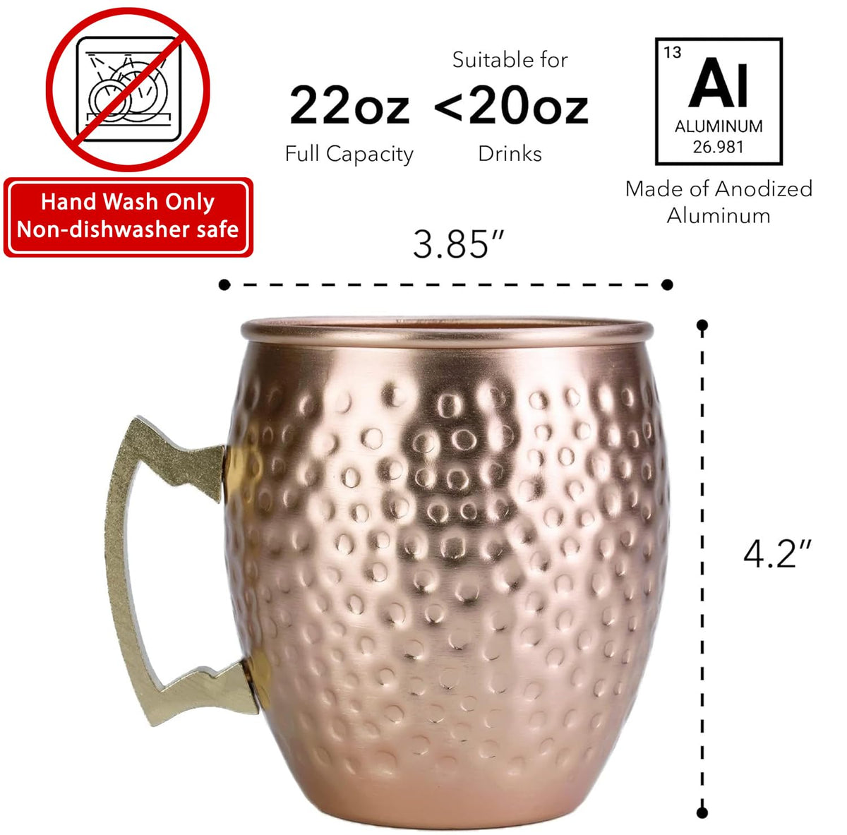 Arora - Vaso de metal Moscú Mule de cobre, taza de aluminio de 22 onzas, juego de 4