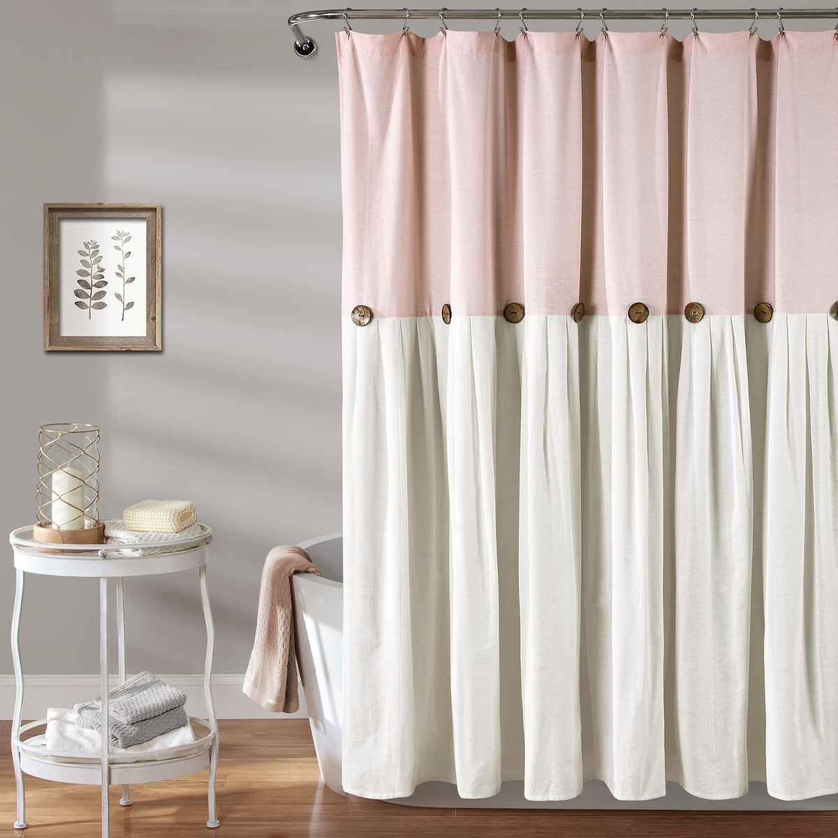 Lush Decor - Cortina de Ducha de Lino con Botones, 72 Pulgadas de Ancho x 72 Pulgadas de Largo, Color Blanco Rubor y Roto - Cortina de baño Rosa - Cortinas de Ducha de Tela - Decoración de baño de - Blush White