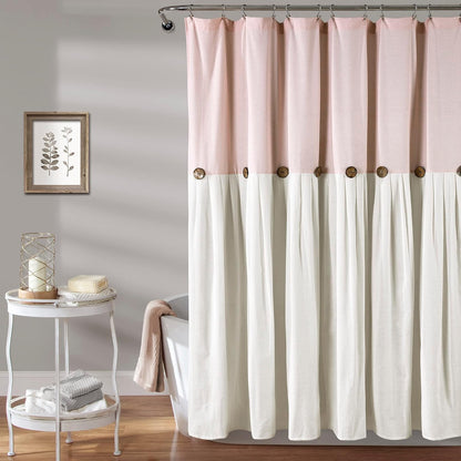 Lush Decor - Cortina de Ducha de Lino con Botones, 72 Pulgadas de Ancho x 72 Pulgadas de Largo, Color Blanco Rubor y Roto - Cortina de baño Rosa - Cortinas de Ducha de Tela - Decoración de baño de - Blush White