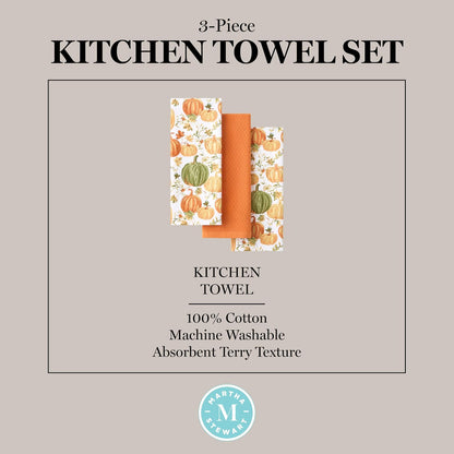 Martha STWEART - Juego de 3 Toallas de Cocina de otoño, 100% algodón con Rizo Absorbente, Toallas de Cocina Decorativas, Naranja/Verde/Marfil, 16 x 28 Pulgadas